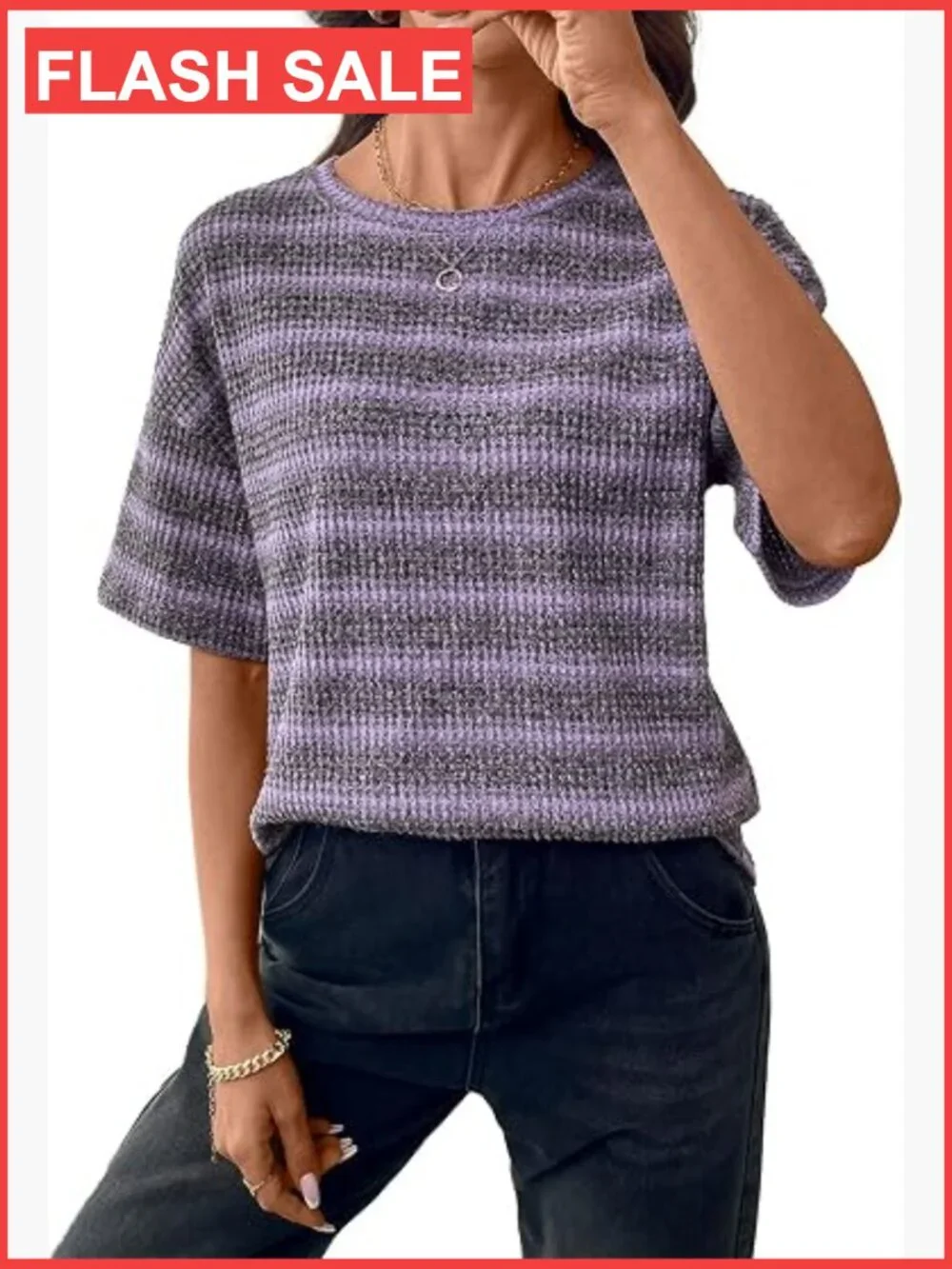 Women Striped Waffle Knit Tee Half Sleeve Crew Neck Loose Fit Top
